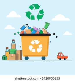 La basura plástica puede estar llena de basura. Equipo para el procesamiento y eliminación de residuos. Ilustración de vectores en estilo plano.Monedas de reciclaje de color naranja con símbolo de reciclaje