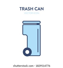 Plastic trash can outline icon. Vector illustration of a plastic rubbish bin with a lid on wheels. Waste bin, cleaning, garbage bin near the house, household equipment