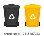 Plastic trash cans illustration. Yellow and black trash bins. Isolated on a white background. Vector illustration in flat style.