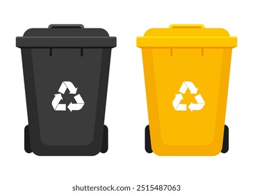 Ilustração de latas de lixo de plástico. Lixeiras amarelas e pretas. Isolado em um fundo branco. Ilustração vetorial em estilo plano.