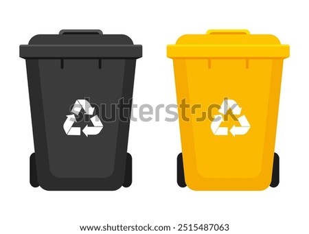 Plastic trash cans illustration. Yellow and black trash bins. Isolated on a white background. Vector illustration in flat style.