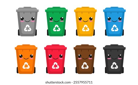 Plastic trash cans in Kawaii style. Set of vector trash cans. Isolated on a white background. Vector illustration in flat style.	
