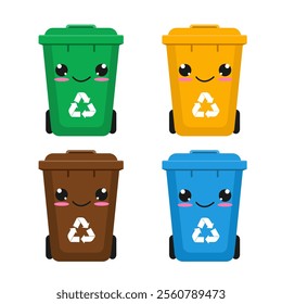 Plastic trash cans in Kawaii style. Isolated on a white background. Vector illustration in flat style.	
