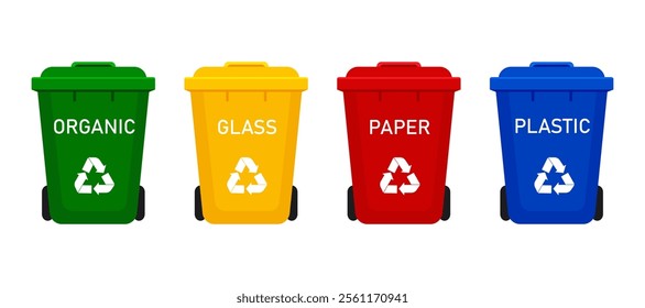 Plastic trash cans with texts. Vactor illustration. Isolated on a white background. Vector illustration in flat style.