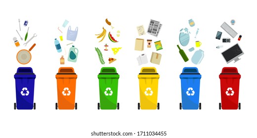 Plastic trash containers of different types. Separation of waste in trash bins. Sort waste for recycling. Garbage cans for paper, plastic, glass, metal, food waste and electronics.