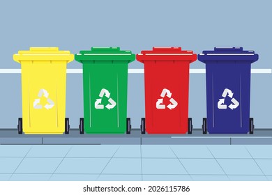 plastic trash Four colorful recycling bins separated on the street in front of the house,
 red, yellow, green and blue bins with recycle waste symbol. front view of four plastic 
recycling bins  flat 