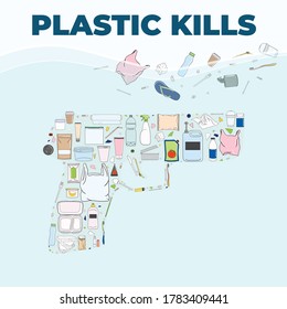 Basura plástica en forma de pistola. El plástico mata el afiche. Marina, Océano, contaminación costera. Problemas ambientales globales. Salvemos el concepto del océano. Ilustración vectorial dibujada a mano.