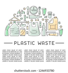 Plastic trash information placard with sample text. Contour and fill style vector illustration