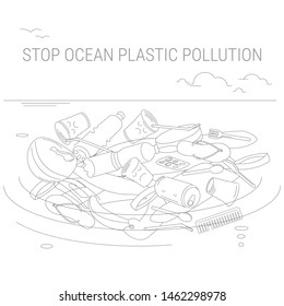 Plastic trash in the ocean. Environmental pollution. Linear style illustration. Take care of the ocean. Bags, bottles and other plastic waste. Ecological catastrophy