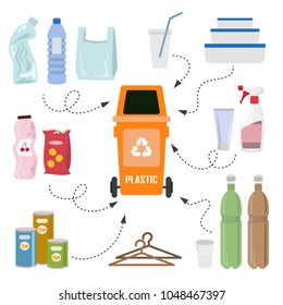 Plastic trash on white background. Ecology and recycle concept. Vector Illustration.
