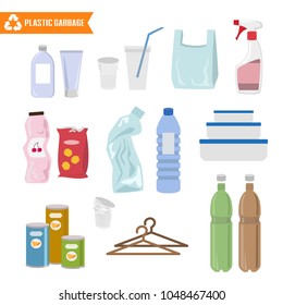 Plastic trash on white background. Ecology and recycle concept. Vector Illustration.
