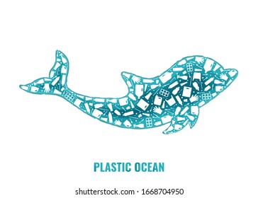 Plastic trash planet pollution concept vector illustration. Dolphin marine mammal outline filled with plastic waste flat icon. Zero waste concept, microplastic pollution problem graphic.