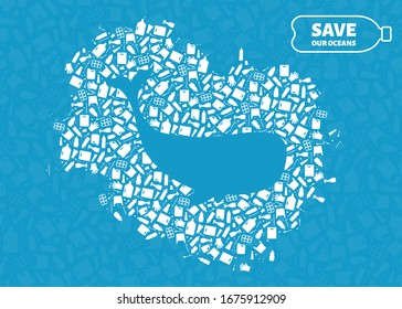 Plastic trash planet pollution concept vector illustration. Whale Ocean animal outline cut in plastic waste flat icon patch. Environmental protection concept, microplastic pollution problem graphic.