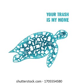 Plastic trash planet pollution concept vector illustration. Turtle marine reptile silhouette filled with plastic garbage flat icons. Ocean pollution ecology concept, marine animal life damage banner.
