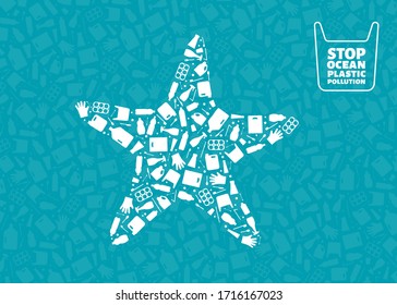 Plastic Trash Planet Pollution Concept Vector Illustration. Starfish Marine Animal Silhouette Filled With Plastic Garbage Flat Icons. Prevent Ocean Pollution Concept, Marine Animal Life Damage Banner