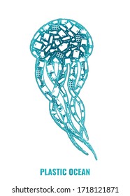 Ilustración vectorial del concepto de contaminación del planeta de basura plástica. Silueta de animales marinos de medusa llena de iconos planos de basura plástica. Concepto de ecología de la contaminación oceánica, daños a la vida animal marina