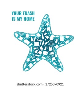 Plastic trash planet pollution concept vector illustration. Starfish ocean animal outline filled with plastic waste flat icon. Environmental protection concept, microplastic pollution problem graphic