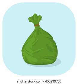 Plastic trash sacks ready for disposal and bin collection.
Vector illustration of a green plastic garbage bag icon. 