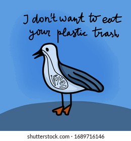 Plastic trash in the stomach of a seagull. Planet and ocean pollution concept. Vector illustartion.