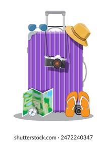 Plastic travel bag. Plastic case with wheels. Hat, photo camera, eyeglasses, paper map, compass, flip flops. Baggage and luggage. Vector illustration in flat style