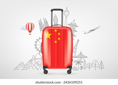 Plastic travel bag with chinese flag and famous world sights. 3d vector concept