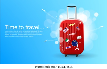 Plastic Travel Bag With Different Travel Souvenirs. Time To Travel. Traveling Banner Template. Vector Illustration.