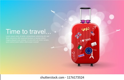 Plastic travel bag with different travel souvenirs. Time to travel. Traveling banner template. Vector Illustration.