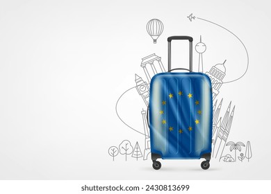 Plastic travel bag with european union flag and famous world sights. 3d vector banner with copy space 