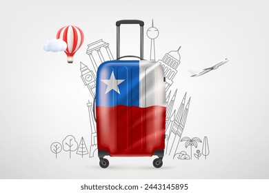 Plastic travel bag with flag of Chile and famous world sights. 3d vector concept