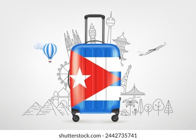 Bolsa de viaje de plástico con bandera de Cuba y lugares de interés mundial famosos. concepto de vector 3d