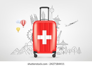 Plastic travel bag with flag of Switzerland and famous world sights. 3d vector concept