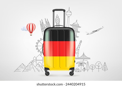 Plastic travel bag with german flag and famous world sights. 3d vector concept