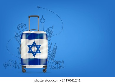 Plastic travel bag with Israel flag and famous world sights. 3d vector banner with copy space 