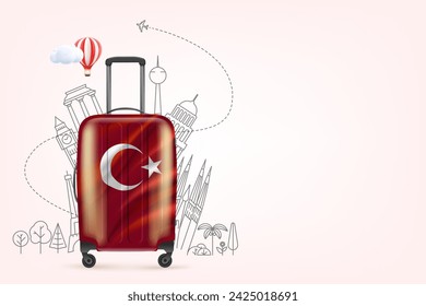 Reisetasche aus Kunststoff mit türkischer Flagge und berühmten Weltattraktionen. 3D-Vektorbanner mit Kopierraum 