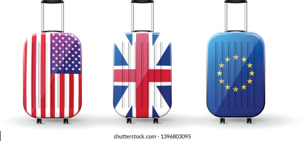 Plastic travel bags with flags of USA, United Kingdom end Europe. Travel luggage bag with flag.  - Powered by Shutterstock - Get 15% off with code: PIKWIZARD15