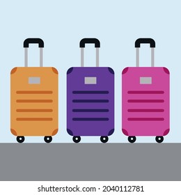 plastic travel suitcase on wheels and with telescopic handle. Vector flat illustration isolated on white background.
