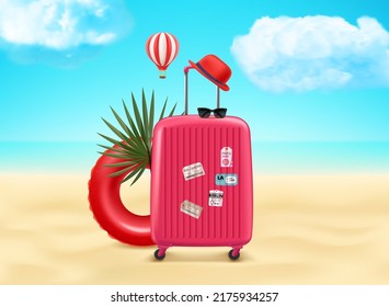 Plastic travel suitcase with stamps on a sunny beach. 3d vector illustration