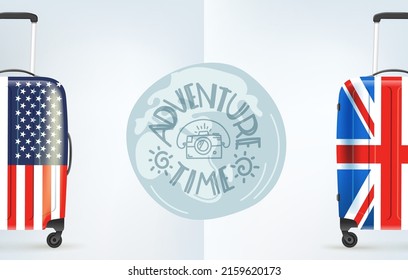 Plastic travel suitcases with national flags. World travel concept. 3d vector banner with logo