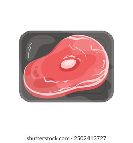 Bandeja de plástico con filete de carne, vista superior del contenedor negro envuelto en Ilustración vectorial de película transparente