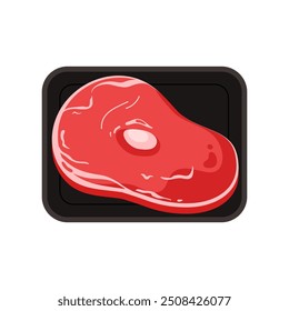 Bandeja de plástico com bife de carne, vista superior da ilustração vetor de recipiente retangular preto