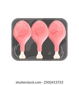 Plastic tray with chicken drumsticks, top view of black container wrapped in transparent film vector illustration