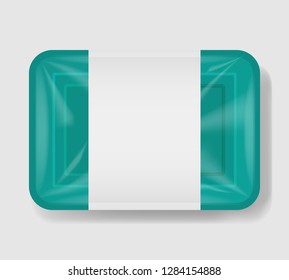 Plastic tray container with cellophane cover. Mockup template for your design. Plastic food container with clear white label template. Vector illustration.