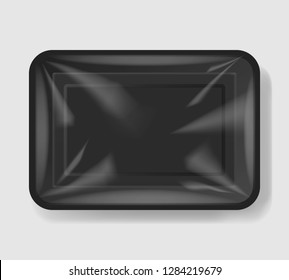Plastic tray container with cellophane cover. Mockup template for your design. Plastic food container. Vector illustration.