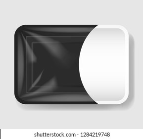 Plastic tray container with cellophane cover. Mockup template for your design. Plastic food container with clear white label template. Vector illustration.