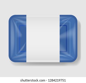 Plastic tray container with cellophane cover. Mockup template for your design. Plastic food container with clear white label template. Vector illustration.