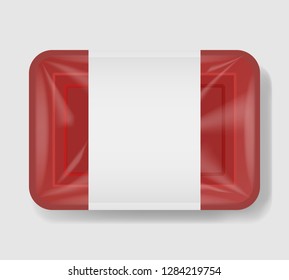 Plastic tray container with cellophane cover. Mockup template for your design. Plastic food container with clear white label template. Vector illustration.