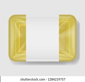 Plastic tray container with cellophane cover. Mockup template for your design. Plastic food container with clear white label template. Vector illustration.