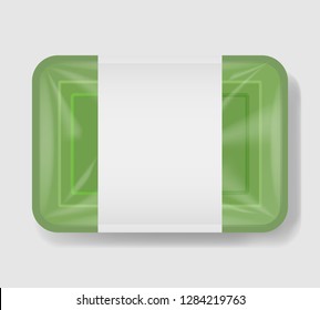 Plastic tray container with cellophane cover. Mockup template for your design. Plastic food container with clear white label template. Vector illustration.