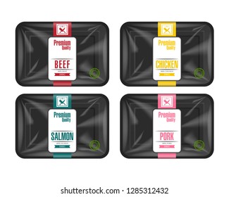 Plastic tray container with cellophane cover. Mockup template for your design. Plastic food container with label template. Vector illustration.