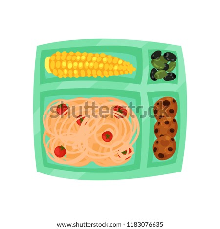 Plastic tray with food. Spaghetti with tomatoes, boiled corn, cookies, black and green olives in lunch box. Flat vector icon